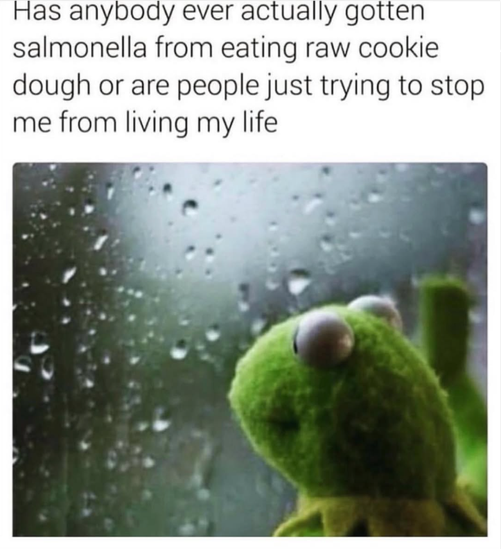 Has anybody ever actually gotten salmonella from eating raw cookie dough or are people just trying to stop me from living my life