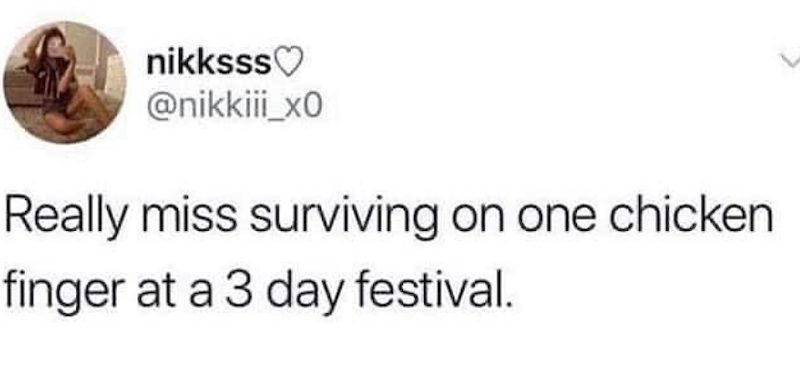 nikksss @nikkiii_x0 Really miss surviving on one chicken finger at a 3 day festival.