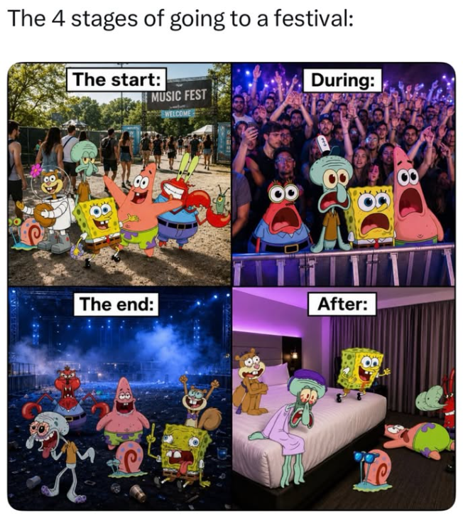 The 4 stages of going to a festival: The start: MUSIC FEST WELCOME During: The end: After: