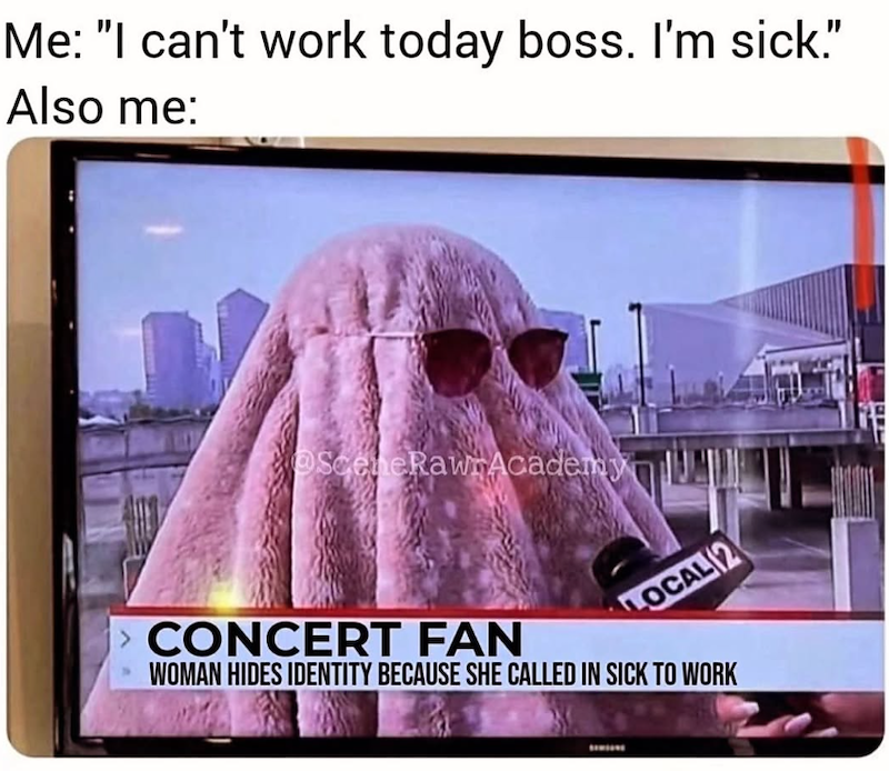 Me: "I can't work today boss. I'm sick." Also me: SceneRawnAcademy LOCAL 2 > CONCERT FAN WOMAN HIDES IDENTITY BECAUSE SHE CALLED IN SICK TO WORK