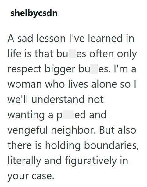 shelbycsdn A sad lesson I've learned in life is that bullies often only respect bigger bullies. I'm a woman who lives alone so I we'll understand not wanting a pissed and vengeful neighbor. But also there is holding boundaries, literally and figuratively in your case.