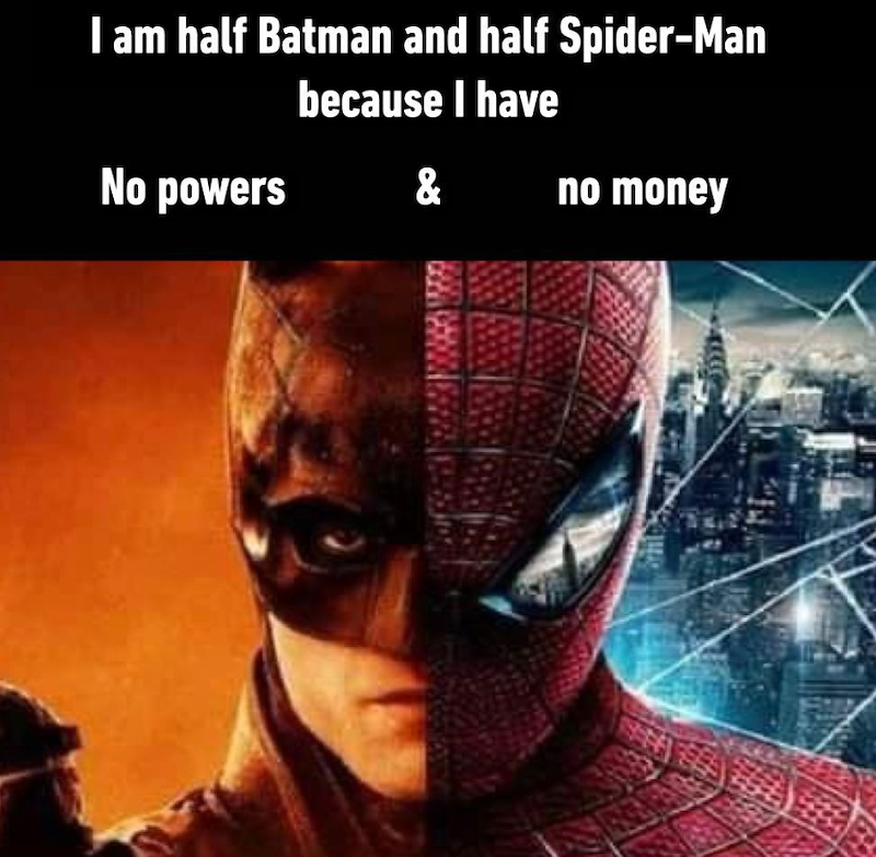 I am half Batman and half Spider-Man because I have No powers & no money