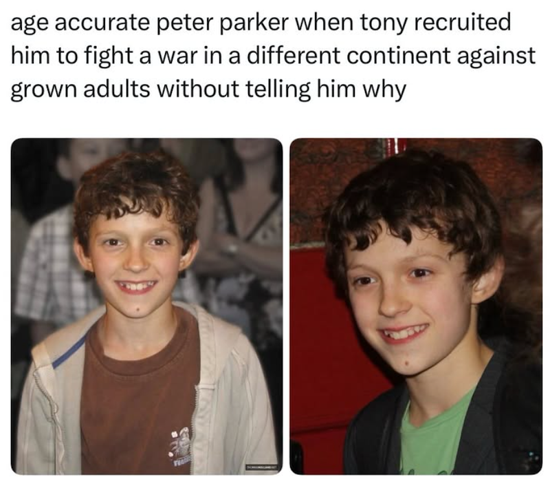 age accurate peter parker when tony recruited him to fight a war in a different continent against grown adults without telling him why