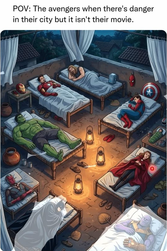 POV: The avengers when there's danger in their city but it isn't their movie.