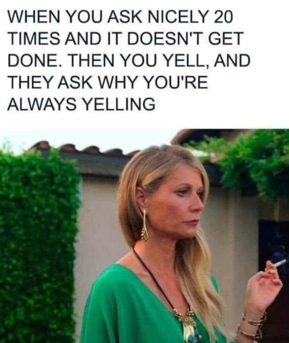 WHEN YOU ASK NICELY 20 TIMES AND IT DOESN'T GET DONE. THEN YOU YELL, AND THEY ASK WHY YOU'RE ALWAYS YELLING