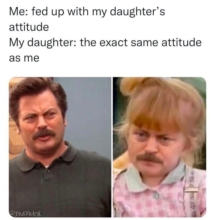 Me: fed up with my daughter's attitude My daughter: the exact same attitude as me @DadPatrol