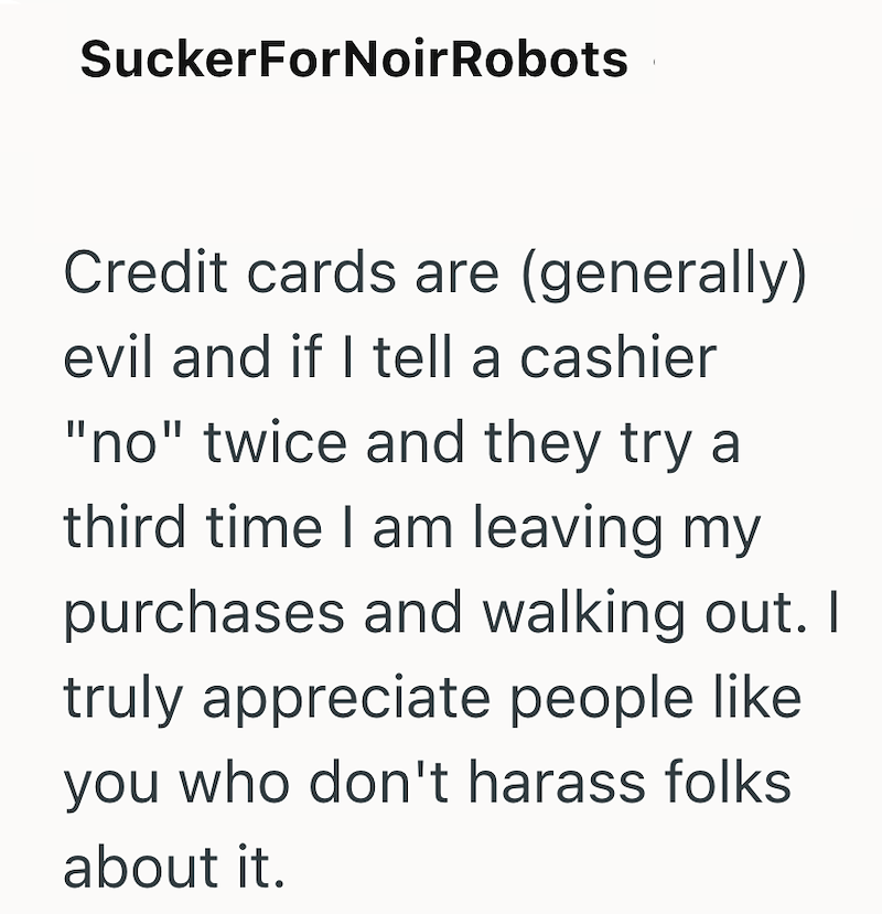 SuckerForNoir Robots Credit cards are (generally) evil and if I tell a cashier "no" twice and they try a third time I am leaving my purchases and walking out. I truly appreciate people like you who don't harass folks about it.