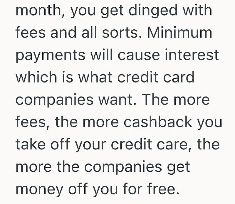 month, you get dinged with fees and all sorts. Minimum payments will cause interest which is what credit card companies want. The more fees, the more cashback you take off your credit care, the more the companies get money off you for free.