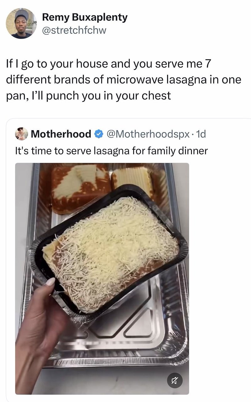 Remy Buxaplenty @stretchfchw If I go to your house and you serve me 7 different brands of microwave lasagna in one pan, I'll punch you in your chest Motherhood @Motherhoodspx. 1d It's time to serve lasagna for family dinner ☑