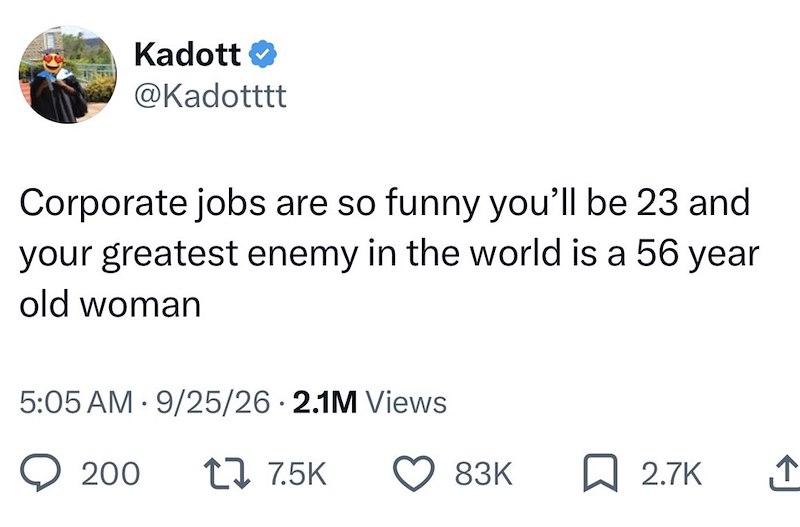 Kadott ✔ @Kadotttt Corporate jobs are so funny you'll be 23 and your greatest enemy in the world is a 56 year old woman 5:05 AM 9/25/26 2.1M Views 200 17 7.5K 83K ☐ 2.7K