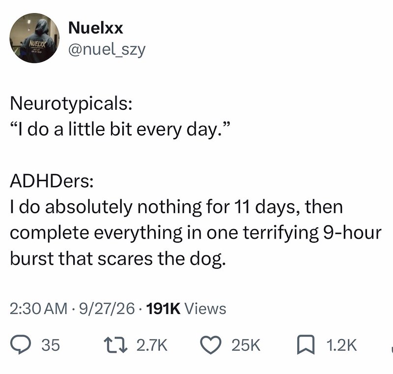 NUELXX Nuelxx @nuel_szy Neurotypicals: "I do a little bit every day." ADHDers: I do absolutely nothing for 11 days, then complete everything in one terrifying 9-hour burst that scares the dog. 2:30 AM 9/27/26 191K Views 35 17 2.7K 25K 1.2K