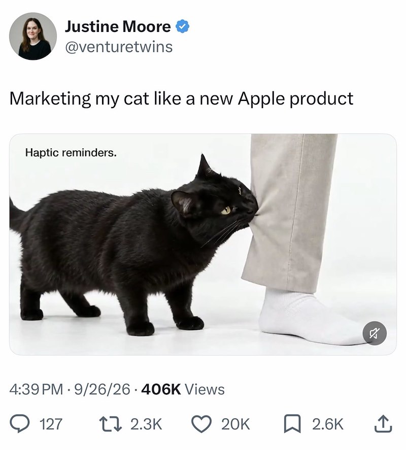 Justine Moore @venturetwins Marketing my cat like a new Apple product Haptic reminders. • 4:39 PM 9/26/26-406K Views 127 17 2.3K ☑ א 20K ☐ 2.6K ↑