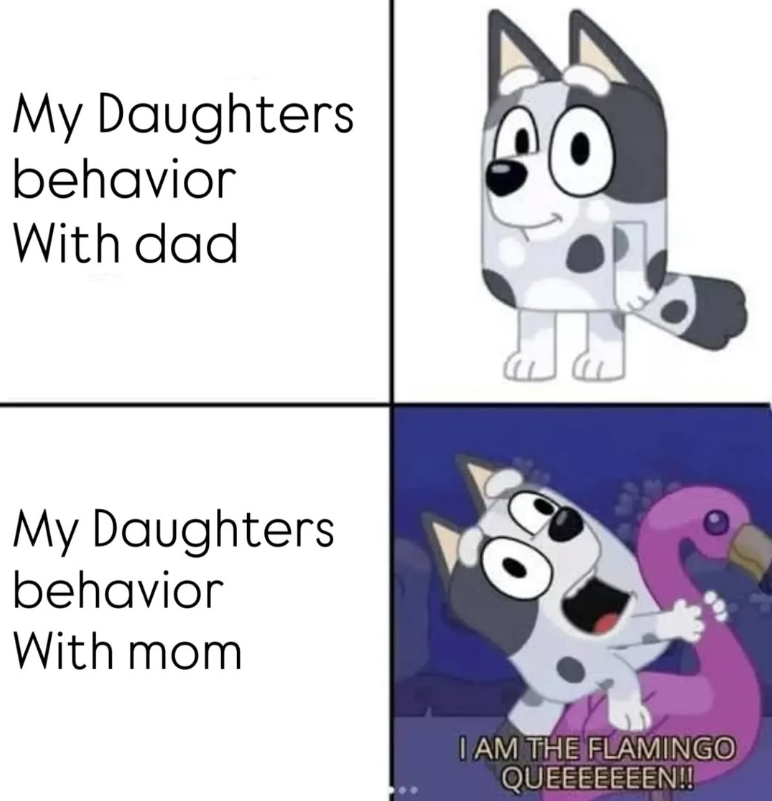 My Daughters behavior With dad 60 My Daughters behavior With mom I AM THE FLAMINGO QUEEEEEEEN!!