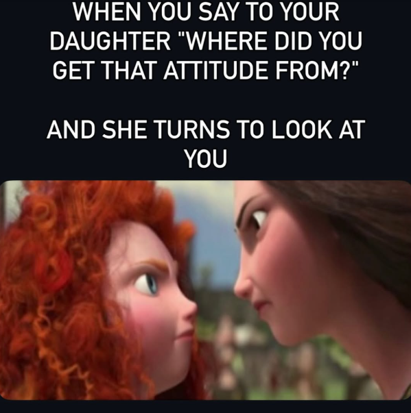 WHEN YOU SAY TO YOUR DAUGHTER "WHERE DID YOU GET THAT ATTITUDE FROM?" AND SHE TURNS TO LOOK AT YOU