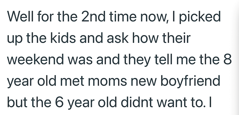 Well for the 2nd time now, I picked up the kids and ask how their weekend was and they tell me the 8 year old met moms new boyfriend but the 6 year old didnt want to. I