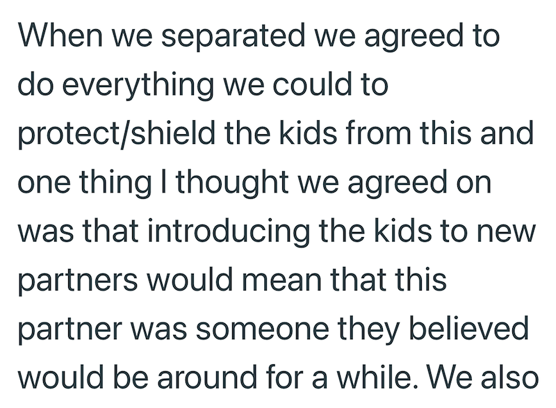 When we separated we agreed to do everything we could to protect/shield the kids from this and one thing I thought we agreed on was that introducing the kids to new partners would mean that this partner was someone they believed would be around for a while. We also