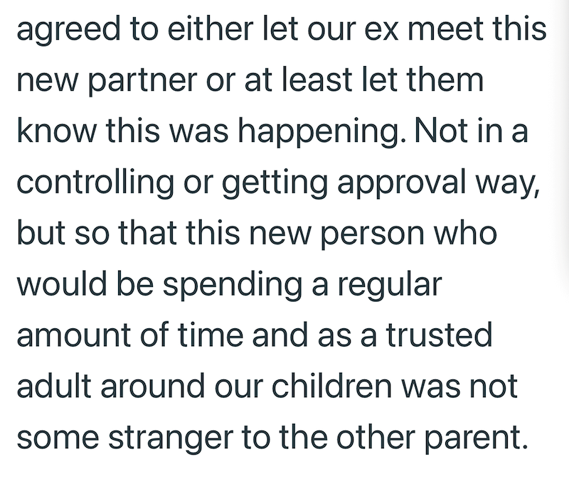 agreed to either let our ex meet this new partner or at least let them know this was happening. Not in a controlling or getting approval way, but so that this new person who would be spending a regular amount of time and as a trusted adult around our children was not some stranger to the other parent.