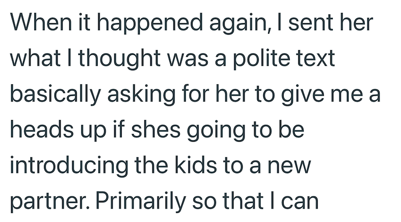 When it happened again, I sent her what I thought was a polite text basically asking for her to give me a heads up if shes going to be introducing the kids to a new partner. Primarily so that I can