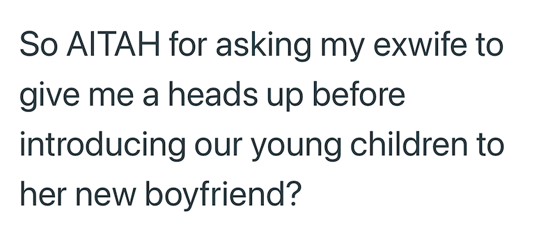 So AITAH for asking my exwife to give me a heads up before introducing our young children to her new boyfriend?