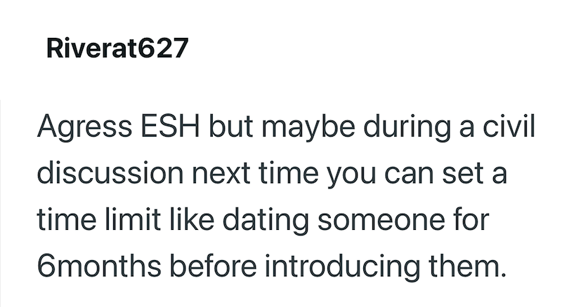 Riverat627 Agress ESH but maybe during a civil discussion next time you can set a time limit like dating someone for 6months before introducing them.