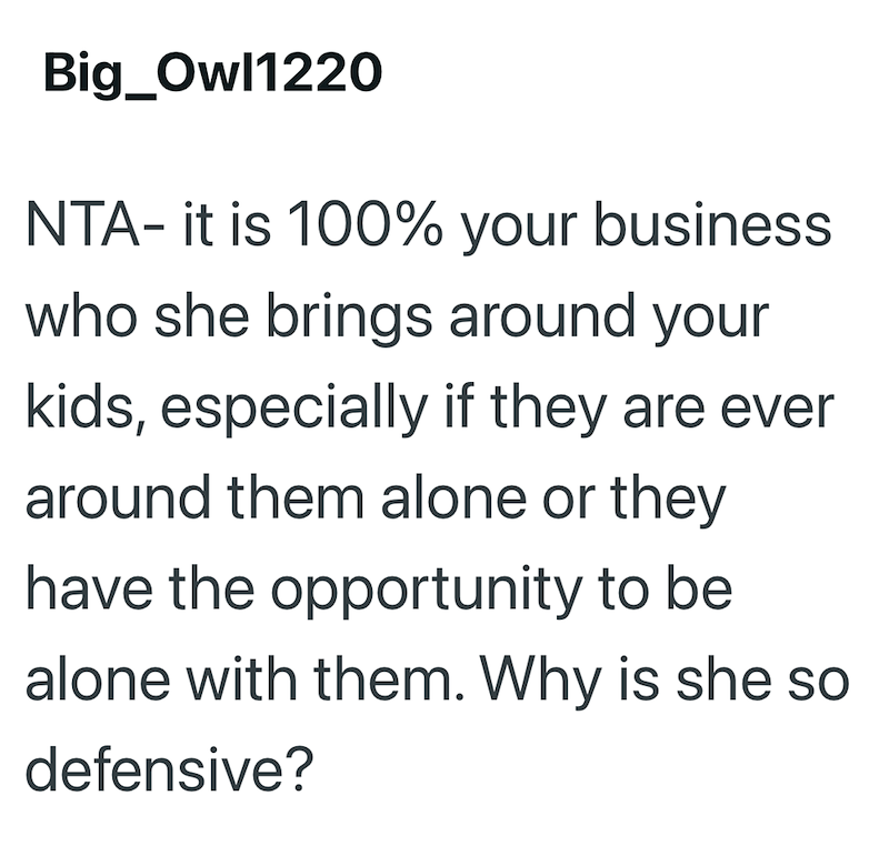 Big_Owl1220 NTA- it is 100% your business who she brings around your kids, especially if they are ever around them alone or they have the opportunity to be alone with them. Why is she so defensive?
