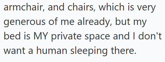 armchair, and chairs, which is very generous of me already, but my bed is MY private space and I don't want a human sleeping there.