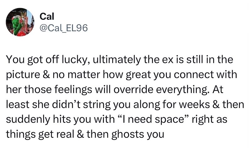 Cal @Cal_EL96 You got off lucky, ultimately the ex is still in the picture & no matter how great you connect with her those feelings will override everything. At least she didn't string you along for weeks & then suddenly hits you with "I need space" right as things get real & then ghosts you