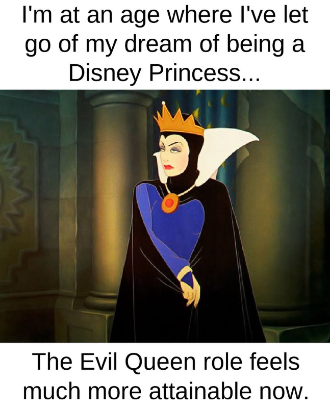 I'm at an age where I've let go of my dream of being a Disney Princess... The Evil Queen role feels much more attainable now.