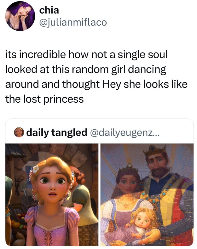 chia @julianmiflaco its incredible how not a single soul looked at this random girl dancing around and thought Hey she looks like the lost princess daily tangled @dailyeugenz...