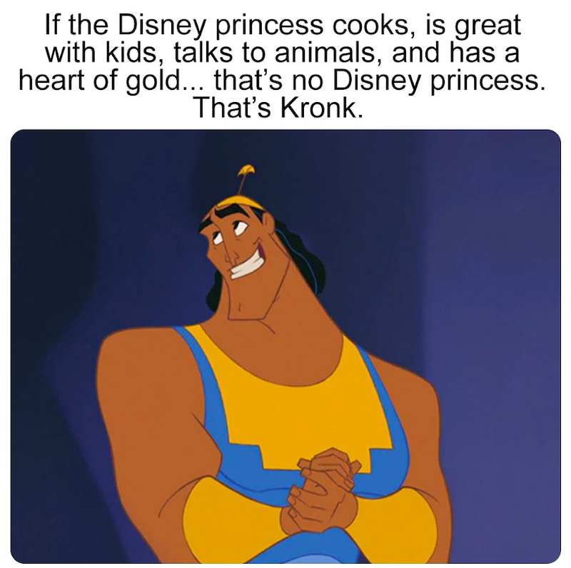 If the Disney princess cooks, is great with kids, talks to animals, and has a heart of gold... that's no Disney princess. That's Kronk.