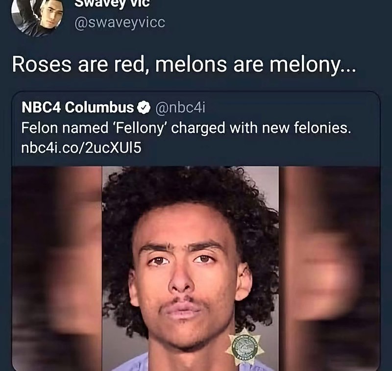 Swavey @swaveyvicc Roses are red, melons are melony... NBC4 Columbus @nbc4i Felon named 'Fellony' charged with new felonies. nbc4i.co/2ucXU15