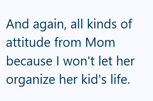 And again, all kinds of attitude from Mom because I won't let her organize her kid's life.