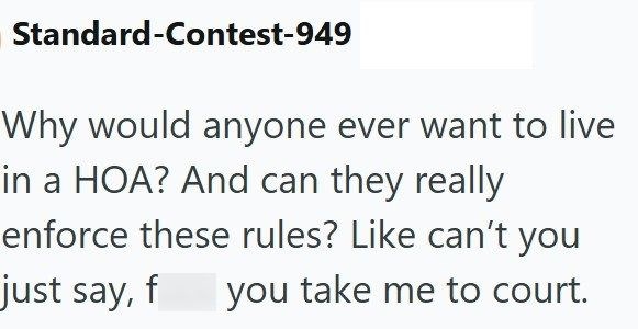 Standard-Contest-949 Why would anyone ever want to live in a HOA? And can they really enforce these rules? Like can't you just say, f you take me to court.