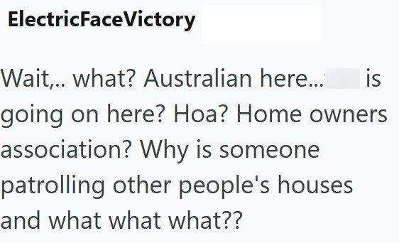 ElectricFaceVictory Wait,.. what? Australian here... is going on here? Hoa? Home owners association? Why is someone patrolling other people's houses and what what what??