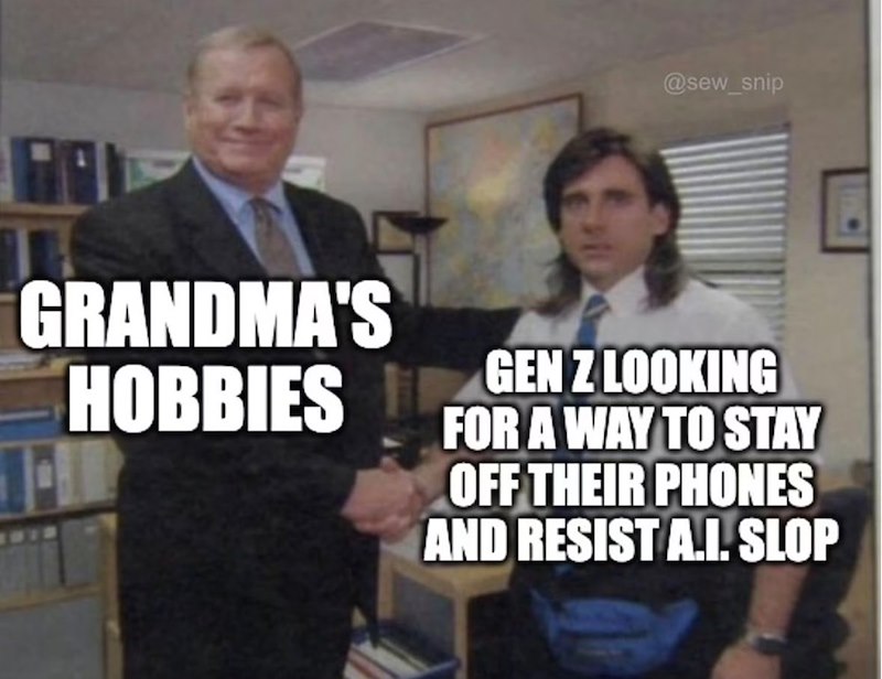 @sew_snip GRANDMA'S HOBBIES GEN Z LOOKING FOR A WAY TO STAY OFF THEIR PHONES AND RESIST A.I. SLOP