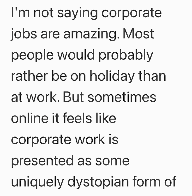 I'm not saying corporate jobs are amazing. Most people would probably rather be on holiday than at work. But sometimes online it feels like corporate work is presented as some uniquely dystopian form of