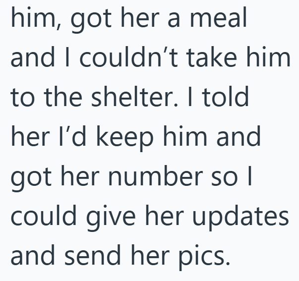 him, got her a meal and I couldn't take him to the shelter. I told her I'd keep him and got her number so I could give her updates and send her pics.