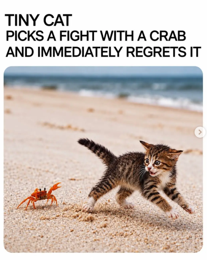TINY CAT PICKS A FIGHT WITH A CRAB AND IMMEDIATELY REGRETS IT >