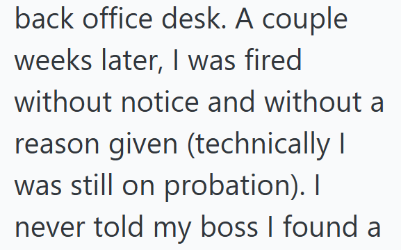 back office desk. A couple weeks later, I was fired without notice and without a reason given (technically I was still on probation). I never told my boss I found a