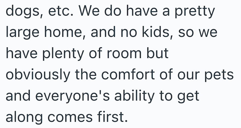 dogs, etc. We do have a pretty large home, and no kids, so we have plenty of room but obviously the comfort of our pets and everyone's ability to get along comes first.