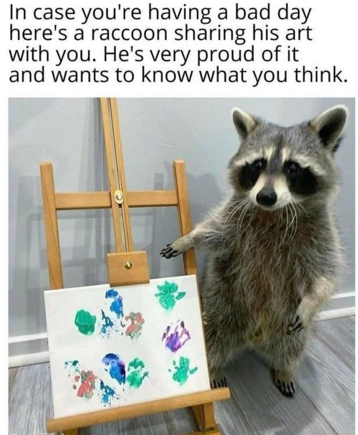 In case you're having a bad day here's a raccoon sharing his art with you. He's very proud of it and wants to know what you think.