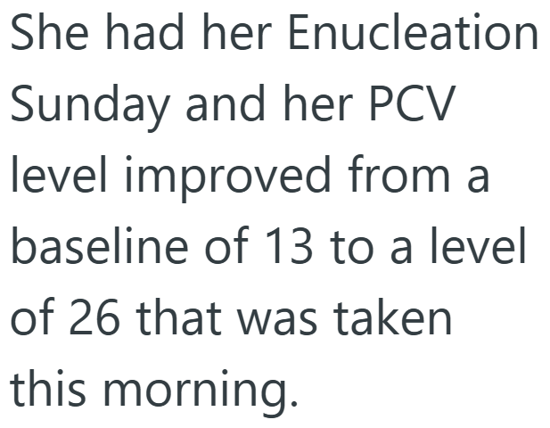 She had her Enucleation Sunday and her PCV level improved from a baseline of 13 to a level of 26 that was taken this morning.
