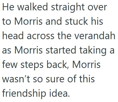 He walked straight over to Morris and stuck his head across the verandah as Morris started taking a few steps back, Morris wasn't so sure of this friendship idea.