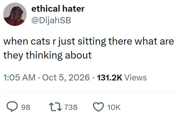ethical hater @DijahSB when cats r just sitting there what are they thinking about 1:05 AM Oct 5, 2026 131.2K Views 98 17738 10K