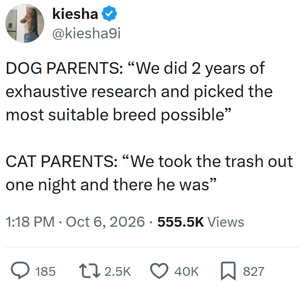 kiesha @kiesha9i DOG PARENTS: "We did 2 years of exhaustive research and picked the most suitable breed possible" CAT PARENTS: "We took the trash out one night and there he was" 1:18 PM Oct 6, 2026 555.5K Views 185 12.5K 40K 827