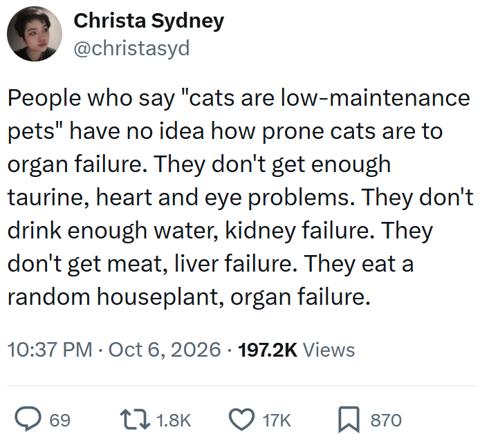 Christa Sydney @christasyd People who say "cats are low-maintenance pets" have no idea how prone cats are to organ failure. They don't get enough taurine, heart and eye problems. They don't drink enough water, kidney failure. They don't get meat, liver failure. They eat a random houseplant, organ failure. 10:37 PM Oct 6, 2026 197.2K Views 69 1.8K 17K ☐ 870