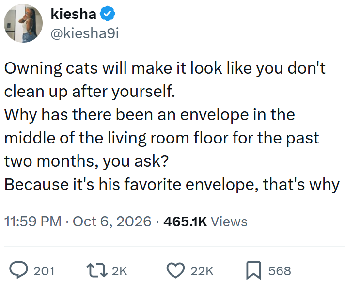 kiesha @kiesha9i Owning cats will make it look like you don't clean up after yourself. Why has there been an envelope in the middle of the living room floor for the past two months, you ask? Because it's his favorite envelope, that's why 11:59 PM Oct 6, 2026 465.1K Views • ► 201 172K 22K ☐ 568