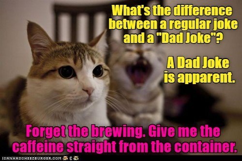 What's the difference between a regular joke and a "Dad Joke"? A Dad Joke is apparent. Forget the brewing. Give me the caffeine straight from the container. ICANHASCHEEZBURGER.COM: