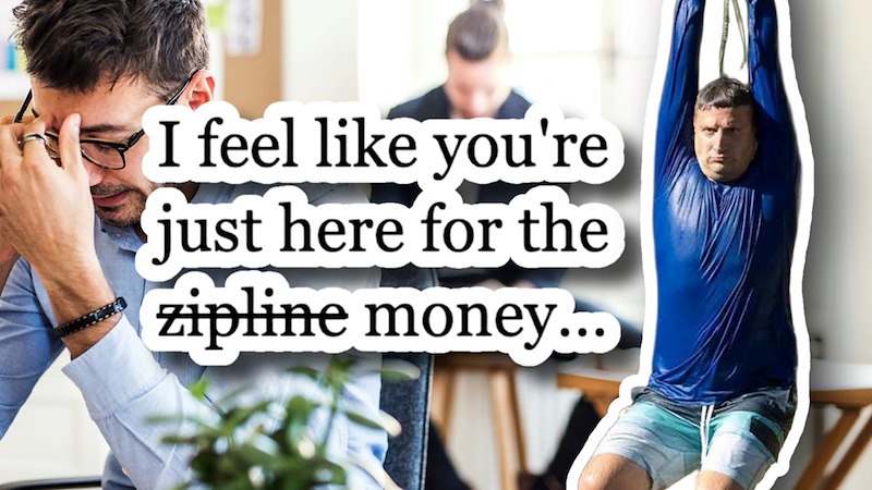Editor's composite teaser image of the Tim Robinson meme "I think you're just here for the zipline" humorously overlaid over an image of a worker stressed at their desk