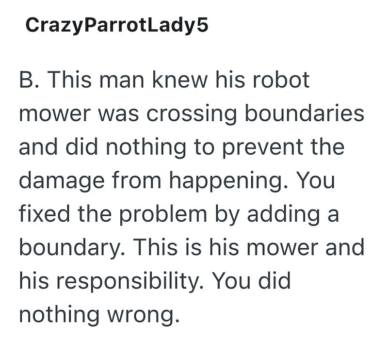 CrazyParrotLady5 B. This man knew his robot mower was crossing boundaries and did nothing to prevent the damage from happening. You fixed the problem by adding a boundary. This is his mower and his responsibility. You did. nothing wrong.